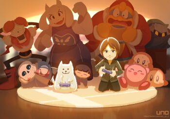 1girl 1other 5boys ^_^ animal annoying_dog artist_self-insert black_shirt brown_hair cheering closed_eyes crossover dog dress frisk_(undertale) furry gamecube_controller gloves hands_on_own_head highres hood hoodie karasuno_yui ketchup king_dedede kirby kirby_(series) looking_at_another lying meta_knight multiple_boys nintendo on_side papyrus_(undertale) playing_games playing_video_games real_life red_gloves red_scarf rug sakurai_masahiro sans_(undertale) scarf seiza shirt sitting skeleton super_smash_bros. surprised sweat toriel twitter_username undertale utdr_(toby_fox) waddle_dee