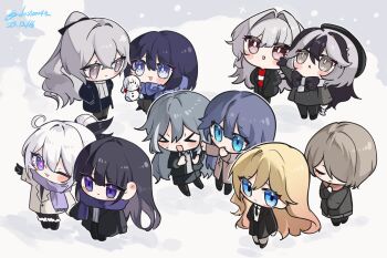 Rule 34 | 6+girls, ahoge, blonde hair, blue eyes, blue hair, bow, bronya zaychik, brown hair, character snowman, chibi, colored inner hair, coralie 6626 planck, durandal (honkai impact), erdos helia, fu hua, grey eyes, grey hair, hashtag-only commentary, hat, herrscher of sentience, highres, honkai (series), honkai impact 3rd, jacket, kiana kaslana, long hair, multicolored hair, multiple girls, munji412, purple eyes, purple hair, raiden mei, rita rossweisse, scarf, seele vollerei, shoes, short hair, skirt, snowing, streaked hair, sweater, white hair, winter clothes