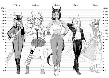 5girls ;p absurdres animal_ears asymmetrical_legwear bare_shoulders belt boots commentary_request crop_top dark-skinned_female dark_skin dress ellerslie_pride_(umamusume) gradient_hair greyscale hat height_chart high_heel_boots high_heels highres horse_ears horse_girl horse_tail jacket knee_boots kuzumi_taiyou leather leather_jacket long_dress long_hair loose_necktie michelle_my_baby_(umamusume) military_uniform miniskirt mismatched_legwear monochrome moonlight_lunacy_(umamusume) multicolored_hair multiple_girls necktie obey_your_master_(umamusume) one_eye_closed pants plaid_clothes plaid_skirt pleated_skirt single_thighhigh skirt tail tank_top thighhighs tongue tongue_out toni_bianca_(umamusume) track_pants umamusume umamusume:_cinderella_gray v