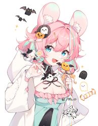 Rule 34 | 1girl, animal ear fluff, animal ears, aqua dress, aqua hair, arin (fanfan013), bandaged wrist, bandages, bat (animal), black collar, black ribbon, black shirt, blue eyes, bow, bowtie, breasts, brooch, buttons, candy, chinese commentary, cleavage, cleavage cutout, cloak, clothing cutout, collar, colored inner hair, commentary request, dress, eyelashes, fang, fingernails, food, frilled dress, frills, ghost, ghost hair ornament, hair between eyes, hair bow, hair ornament, hairclip, happy, high collar, holding, holding candy, holding food, holding lollipop, hood, hood down, hooded cloak, jack-o&#039;-lantern, jack-o&#039;-lantern hair ornament, jewelry, large breasts, lollipop, long sleeves, looking at viewer, mouse ears, multicolored hair, neck ribbon, open mouth, original, palms, pink bow, pink bowtie, pink hair, ribbon, see-through bow, shirt, short hair, smile, solo, sparkle, streaked hair, transparent background, upper body, white cloak, white hood, white sleeves, wide sleeves