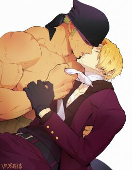 Rule 34 | 2boys, arm up, belt, belt buckle, black belt, black gloves, black shirt, blonde hair, broad shoulders, buckle, buttoned cuffs, buttons, clothes grab, collarbone, collared shirt, commentary, curly eyebrows, dutch angle, english commentary, formal clothes, gloves, green hair, hand on another's wrist, highres, jacket, lapels, male focus, multiple boys, muscular, muscular male, necktie, necktie grab, neckwear grab, notched lapels, one piece, open clothes, open collar, open jacket, parted hair, pectorals, purple suit, roronoa zoro, sanji (one piece), scar, scar on shoulder, shirt, short hair, sideburns, simple background, suit, suit jacket, twitter username, very short hair, vidrith, white background, white necktie, wing collar, yaoi