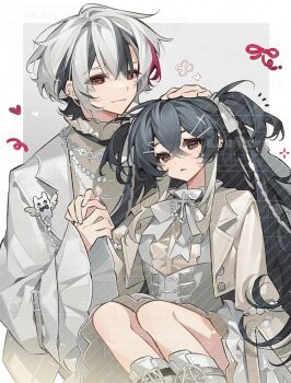 1boy 1girl black_hair blush brown_eyes hair_between_eyes hair_ornament highres long_sleeves looking_at_viewer multicolored_hair non-web_source red_eyes shirt sitting smile white_hair yuanyunyu_3y