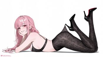 1girl bare_shoulders black_bra black_pantyhose black_shoes blush bra breasts commentary_request fingernails from_side head_rest helloimtea high-waist_pantyhose high_heels hololive hololive_english lace_pantyhose_hooked_on_heel_(meme) large_breasts long_hair looking_at_viewer lying meme mixed-language_commentary mori_calliope on_stomach paid_reward_available pantyhose parted_lips pink_hair red_eyes shoes simple_background smile solo the_pose thighs twitter_username underwear white_background