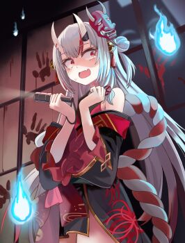 1girl blood blood_on_wall bloody_handprints blush commentary_request fang flashlight gradient_hair grey_hair hair_bun handprint highres holding holding_flashlight hololive horns japanese_clothes kimono long_hair looking_at_viewer manjirou_(manji_illust) mask multicolored_hair nakiri_ayame nakiri_ayame_(1st_costume) oni oni_mask open_mouth red_eyes red_hair red_kimono red_streaks skin-covered_horns skin_fang solo streaked_hair very_long_hair virtual_youtuber
