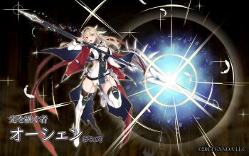 1girl 2013 armor asymmetrical_gloves black_hairband black_thighhighs blonde_hair boots breasts cape capelet character_name cleavage clothing_cutout commentary company_name copyright_notice falling_feathers faulds feathers fingerless_gloves floating_cape floating_hair fog garter_straps gloves glowing glowing_weapon gold_trim hair_between_eyes hair_ornament hairband half_updo head_tilt high_heel_boots high_heels holding holding_polearm holding_weapon lance large_breasts leg_up light_rays long_hair looking_at_viewer mismatched_gloves nanahara_fuyuki official_art open_mouth oshen_(sennen_sensou_aigis) pauldrons polearm red_eyes sennen_sensou_aigis sheath sheathed shoulder_armor side_cutout single_pauldron skindentation solo sparkle standing standing_on_one_leg sword temple thigh_boots thighhighs thighs torn_cape torn_clothes v-shaped_eyebrows waist_cape weapon white_boots white_feathers white_garter_straps white_gloves wing_hair_ornament