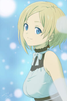 1girl bare_shoulders blonde_hair blue_background blue_eyes bow bowtie breasts closed_mouth commentary dated earrings feather_earrings feathers gradient_background highres jewelry koma_inu_(komainu_mainu) looking_at_viewer medium_breasts mushoku_tensei sara_(mushoku_tensei) shirt short_hair signature sleeveless sleeveless_shirt solo upper_body white_bow white_bowtie white_shirt