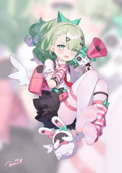 1girl absurdres arm_warmers backpack bag bangboo_(zenless_zone_zero) blush chinese_commentary commentary_request crying crying_with_eyes_open earrings feet fingernails full_body green_eyes green_hair hands_up highres holding holding_megaphone jewelry leg_warmers loli medium_hair megaphone musical_note_earrings no_shoes open_mouth pantyhose randoseru shirt single_leg_warmer soles solo striped_arm_warmers striped_leg_warmers sunna_(zenless_zone_zero) sweatdrop tearing_up tears toes tsubasa_tsubasa white_pantyhose white_shirt zenless_zone_zero