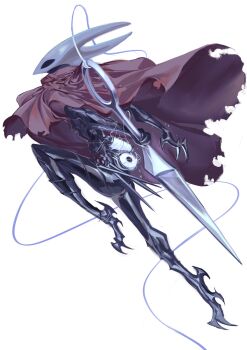 1girl armor arthropod_girl claws cloak full_body highres holding holding_sword holding_weapon hollow_eyes hollow_knight hollow_knight:_silksong horned_mask hornet_(hollow_knight) mask nameno92372763 needle_(hollow_knight) red_cloak simple_background spool string sword weapon white_background white_mask