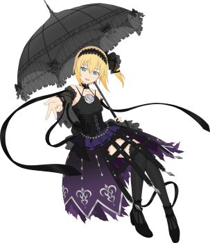 Rule 34 | 1girl, artist request, black choker, black dress, black hairband, black shoes, black thighhighs, black umbrella, blonde hair, blue eyes, choker, dress, edna (tales), full body, game cg, hair ornament, hair ribbon, hairband, highres, holding, holding umbrella, looking at viewer, medium hair, official alternate costume, official art, open mouth, ribbon, shoes, side ponytail, smile, solo, tales of (series), tales of asteria, tales of zestiria, thighhighs, third-party source, transparent background, umbrella