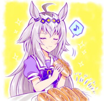 1girl ahoge animal_ears blush bow bowtie closed_eyes closed_mouth crumbs ear_ornament eating food food_on_face grey_hair hair_between_eyes hair_ornament hairband highres holding holding_food horse_ears horse_girl kuromori_yako long_hair multicolored_hair musical_note oguri_cap_(umamusume) plate puffy_short_sleeves puffy_sleeves purple_bow purple_bowtie purple_shirt sailor_collar sailor_shirt sandwich school_uniform shirt short_sleeves smile speech_bubble spoken_musical_note tracen_school_uniform umamusume upper_body white_sailor_collar