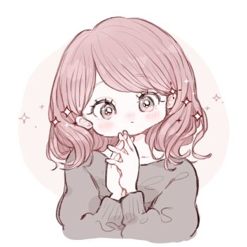 1girl blush closed_mouth eyelashes grey_sweater head_tilt highres long_sleeves looking_at_viewer medium_hair namino24 nose_blush original pink_eyes pink_hair solo square sweater upper_body