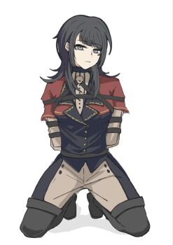 1girl arms_behind_back bang_dream! bang_dream!_it&#039;s_mygo!!!!! bdsm black_boots black_hair black_pants black_vest bondage boots bound breasts candy_yu capelet chinese_commentary closed_mouth commentary_request grey_eyes kneeling long_hair looking_at_viewer medium_breasts pants red_capelet restrained simple_background solo thigh_boots timoris_(bang_dream!) two-tone_pants vest white_background white_pants yahata_umiri