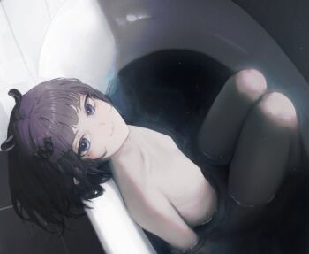 1girl bath bathing blue_eyes breasts closed_mouth commentary highres hololive hololive_english knees_up looking_at_viewer mole mole_under_eye ninomae_ina&#039;nis purple_hair small_breasts smile solo spicyyrum symbol-only_commentary tentacle_hair virtual_youtuber