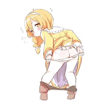 1girl ass babalilo blonde_hair blush braid brown_eyes butt_crack clothes_pull dress female_focus from_behind full_body hairband loli looking_back mooning original panties panty_pull pantyhose pantyhose_pull pulling_own_clothes simple_background single_braid solo standing tail underwear white_background white_hairband yellow_dress