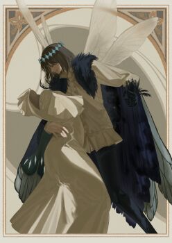 1boy 1girl arthropod_boy arthropod_limbs blue_eyes border cape collared_shirt crown dancing diamond_hairband dragonfly_wings dress fate/grand_order fate_(series) feet_out_of_frame fur-trimmed_cape fur_trim grey_hair highres insect_wings invisible long_sleeves looking_at_another medium_hair oberon_(fate) oberon_(third_ascension)_(fate) ornate_border p1zzzahut shirt smile white_dress white_shirt wing_cape wings