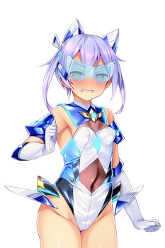 1girl bare_shoulders blush breasts clenched_teeth covered_erect_nipples covered_navel cowboy_shot elbow_gloves fujii_natsumi_(ysphere) game_cg gloves headgear highleg highleg_leotard humanization large_variant_set leotard looking_at_viewer magical_girl non-web_source official_art personification purple_hair satou_kuuki shiny_skin short_hair simple_background skin_tight small_breasts solo soukou_seiki_ysphere standing teeth thighhighs tinted_eyewear transparent_background twintails variant_set white_background white_gloves yellow_eyes ys_aqua