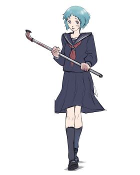 1girl absurdres black_sailor_collar black_serafuku black_shoes black_skirt black_socks blood blood_on_face blue_hair bruise bruise_on_face closed_mouth full_body highres holding holding_lead_pipe injury kneehighs lead_pipe loafers neckerchief persona persona_3 purple_eyes red_neckerchief sailor_collar school_uniform serafuku shimizu_hinako shoes short_hair silent_hill_(series) silent_hill_f skirt socks solo suzie_yeung voice_actor_connection walking xeeoh yamagishi_fuuka