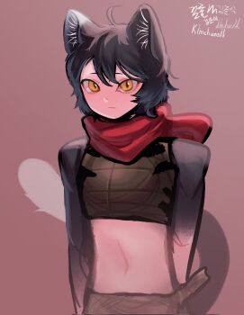 Rule 34 | 1girl, animal ear fluff, animal ears, artist name, black hair, brown background, cat ears, cat girl, cat tail, dungeon meshi, highres, izutsumi, kimchunsik, midriff, navel, red scarf, scarf, short hair, simple background, slit pupils, solo, tail, upper body, white background, yellow eyes