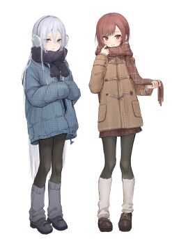 Rule 34 | 2girls, absurdres, amin (aminblue), black pantyhose, black scarf, black shoes, blue coat, blue eyes, blue shoes, braid, brown coat, brown eyes, brown scarf, brown skirt, coat, earmuffs, full body, grey leg warmers, hair between eyes, hand up, highres, holding, leg warmers, long hair, looking at viewer, loose hair strand, medium hair, multiple girls, pantyhose, parted bangs, project sekai, scarf, shinonome ena, shoes, side braid, sidelocks, skirt, sleeves past fingers, sleeves past wrists, smile, standing, white background, white hair, white leg warmers, yoisaki kanade