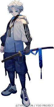 1boy blue_eyes blue_shorts clenched_hand cropped_jacket earrings fate/grand_order fate_(series) full_body holding holding_sword holding_weapon jacket jewelry katana lack looking_at_viewer male_focus official_art open_clothes open_jacket outline prosthesis prosthetic_arm scar scar_on_face scar_on_forehead shirt shoes short_hair shorts sneakers solo standing sword toudou_heisuke_(fate) turtleneck weapon white_hair white_jacket white_outline white_shirt white_shoes