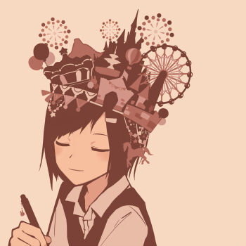 1girl amusement_park animal_charm brown_theme charm_(object) closed_eyes closed_mouth cowboy_shot dress_shirt facing_viewer holding holding_pen miniature monochrome original pen rabbit_charm shirt short_hair smile solo upper_body vest yukitake_(bullfalk)