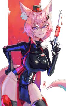 1girl animal_ears bare_hips black_dress black_gloves black_thighhighs boutsoftheblind breasts crossed_bangs dress fox_ears fox_girl fox_tail glasses gloves hair_between_eyes hair_ornament hat highres indie_virtual_youtuber large_breasts looking_at_viewer meicha_(vtuber) nurse nurse_cap pelvic_curtain pink_hair purple_eyes short_hair simple_background smile solo syringe tail thick_thighs thighhighs thighs virtual_youtuber