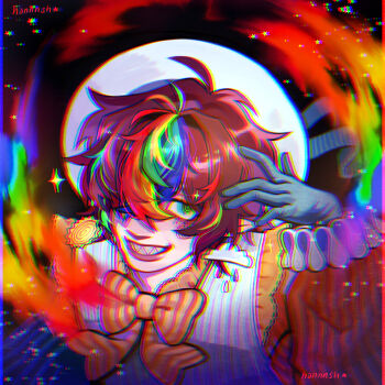 Rule 34 | 1boy, aegyo sal, ahoge, animification, artist name, blue gloves, bow, bowtie, brown hair, chromatic aberration, clown, colorful, commentary, crazy, crazy smile, earrings, english commentary, eyelashes, gloves, green eyes, grin, hair over one eye, hand up, hannnsh, heavy chromatic aberration, hermitcraft, highres, jewelry, lips, long sleeves, looking at viewer, male focus, minecraft youtube, mismatched earrings, multicolored hair, multicolored shirt, official alternate costume, pointy ears, rainbow, rainbow hair, ringed eyes, sharp teeth, smallishbeans, smile, streaked hair, striped bow, striped bowtie, striped clothes, teeth, upper body, variant set, vest, white vest, yellow bow, yellow bowtie