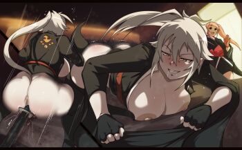 2girls ahoge all_fours anus bed bedroom benitsubasa breasts brown_eyes caught clenched_teeth commission commissioner_upload fingerless_gloves gloves grey_hair highres huge_breasts imminent_orgasm karasuba large_breasts long_hair long_sleeves masturbation motion_lines multiple_girls multiple_views nipples non-web_source on_bed orphen_(pink_seito) pink_hair ponytail pussy pussy_juice pussy_juice_stain red_eyes saliva sekirei shorts side_ponytail smile sweat sword sword_hilt teeth thighhighs vaginal weapon