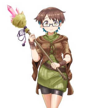 Rule 34 | 1girl, aussa (yu-gi-oh!), aussa the earth charmer, aussa the earth charmer (cosplay), bike shorts, bracelet, brown hair, commentary, cosplay, cowboy shot, crystal, dautehanton, glasses, highres, holding, holding staff, imari youko, jewelry, looking at viewer, ruri no houseki, short hair, simple background, smile, solo, staff, sweater, turtleneck, turtleneck sweater, white background, yellow eyes, yu-gi-oh!