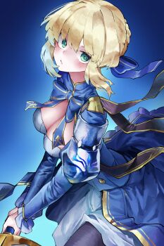 1girl absurdres artoria_pendragon_(fate) blonde_hair blue_background blue_bow blue_bowtie blue_dress bow bowtie braid breasts bun_with_braided_base cleavage commentary_request crossover dress excalibur_(fate/stay_night) fate/stay_night fate/unlimited_blade_works fate_(series) green_eyes hair_bun highres holding holding_sword holding_weapon honkai:_star_rail honkai_(series) medium_breasts revision saber_(fate) saber_(honkai:_star_rail)_(fate) short_hair solo sword vivo_(vivo_sun_0222) weapon