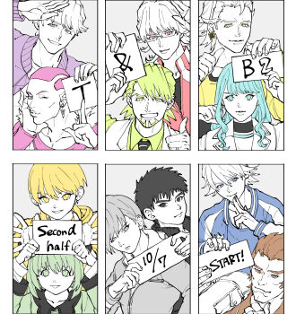 3girls 6+boys antonio_lopez aqua_eyes aqua_hair arm_up barnaby_brooks_jr. black_eyes black_hair blonde_hair brown_eyes brown_hair closed_eyes closed_mouth collarbone commentary_request dated earrings english_text eyelashes facial_hair fingernails fsz_tb glasses goatee green_eyes green_hair grey_eyes grey_hair highres holding holding_sign huang_pao-lin index_finger_raised ivan_karelin jewelry kaburagi_t._kotetsu karina_lyle keith_goodman lara_tchaikoskaya lips long_hair long_sleeves multiple_boys multiple_girls nathan_seymour open_mouth partially_colored pink_eyes pink_hair pointing pointing_at_self pointing_with_thumb purple_eyes red_eyes ryan_goldsmith sengoku_subaru short_hair sign thomas_taurus tiger_&amp;_bunny very_short_hair yellow_eyes