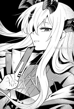 Rule 34 | 1girl, arknights, between fingers, breasts, commentary request, dragon horns, greyscale, hair over one eye, hand up, high bridge kai, highres, holding, horns, long hair, long sleeves, looking at viewer, monochrome, necrass (arknights), parted lips, smile, solo, twitter username, upper body