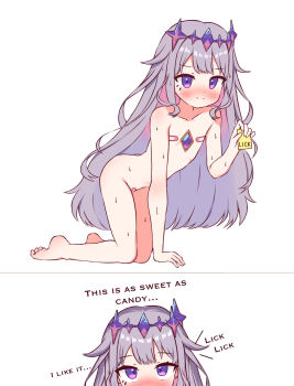 1girl bad_tag bandaid bandaid_on_pussy bandaids_on_nipples barefoot blush chest_jewel colored_inner_hair crown english_text feet flat_chest gba_jasjas hair_flaps highres hololive hololive_english jewel_under_eye kneeling koseki_bijou loli long_hair looking_at_viewer multicolored_hair nude pasties purple_eyes purple_hair smile solo sweat toes very_long_hair virtual_youtuber