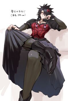 1boy absurdres alternate_color alternate_costume az_(pixiv_108058292) black_boots black_dress black_hair black_sleeves boots bow braid closed_mouth cloud_strife cloud_strife_(cosplay) commentary_request corset cosplay crossdressing crossdressing_(mtf) dress elbow_gloves final_fantasy final_fantasy_vii final_fantasy_vii_rebirth final_fantasy_vii_remake foot_out_of_frame gloves grey_pantyhose hair_bow hair_over_one_eye head_rest high_heel_boots high_heels highres jewelry long_hair low_twin_braids male_focus necklace pantyhose pink_bow red_bow red_corset red_dress red_eyes sitting solo spiked_hair translation_request twin_braids vincent_valentine