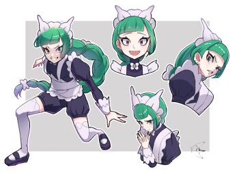 1girl apron black_romper blunt_bangs blush bow bowtie braid braided_ponytail closed_mouth commentary_request green_hair highres juliet_sleeves lebanne_(pokemon) long_braid long_hair long_sleeves maid maid_apron maid_headdress meru_merume603 multiple_expressions nintendo open_mouth pokemon pokemon_legends:_z-a puffy_sleeves romper smile teeth thighhighs tsurime white_bow white_bowtie white_thighhighs