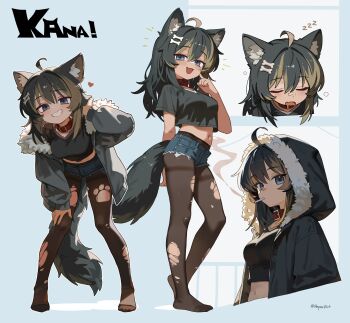 1girl :d absurdres ahoge animal_ear_fluff animal_ears black_hair black_pantyhose black_shirt blue_background blue_eyes blue_shorts bone_hair_ornament breasts brown_hair character_name cigarette closed_eyes closed_mouth collar commentary crop_top cropped_shirt cropped_torso denim denim_shorts double-parted_bangs drooling english_commentary fang full_body fur-trimmed_hood fur-trimmed_sleeves fur_trim grey_jacket grin hair_between_eyes hair_intakes hair_ornament hand_on_own_thigh hand_up heart hepari highres hood hood_down hood_up hooded_jacket jacket leaning_forward long_hair long_sleeves looking_at_viewer medium_breasts midriff mouth_drool multicolored_hair multiple_views navel no_shoes notice_lines open_clothes open_jacket open_mouth original outline pantyhose pantyhose_under_shorts red_collar shirt short_sleeves shorts skin_fang sleeping smile smoke smoking squeans standing streaked_hair tail thighband_pantyhose torn_clothes torn_pantyhose twitter_username two-tone_hair white_outline wolf_ears wolf_girl wolf_tail zzz