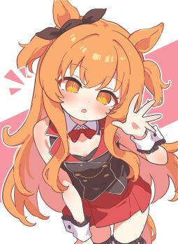 1girl animal_ears black_vest blush bow bowtie breasts brown_ribbon bunny_garden buttons collared_vest colored_lapels commentary cosplay cowboy_shot detached_collar double-breasted ear_ribbon frilled_thighhighs frills highres horse_ears horse_girl horse_tail hoshitani_mio hostess kana_(bunny_garden) kana_(bunny_garden)_(cosplay) lapels long_hair looking_at_viewer mayano_top_gun_(umamusume) nontraditional_playboy_bunny open_mouth orange_eyes orange_hair orange_tail outline red_background red_bow red_bowtie red_skirt ribbon rotasu_(rotasqqfv) shirt skirt small_breasts solo tail thighhighs two-tone_background two_side_up umamusume vest voice_actor_connection waving white_background white_outline white_thighhighs white_wrist_cuffs wrist_cuffs