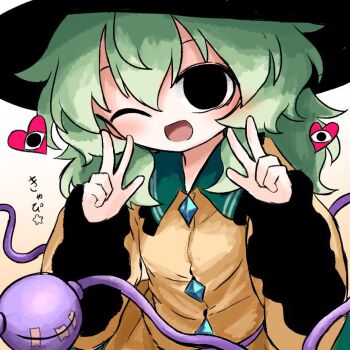 1girl black_eyes black_hat buttons diamond_button double_v duct_tape eyeball frilled_shirt_collar frilled_sleeves frills green_hair green_skirt hat heart heripantomorrow komeiji_koishi one_eye_closed shirt skirt smile star_(symbol) third_eye touhou translated v wide_sleeves yellow_shirt