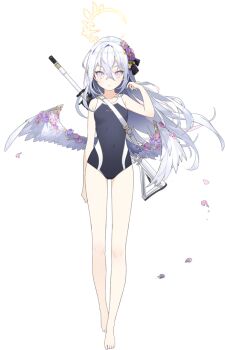 1girl arm_at_side assault_rifle azusa_(blue_archive) bare_shoulders barefoot black_ribbon blue_archive blue_one-piece_swimsuit breasts covered_navel crossed_bangs feathered_wings feet female_focus floating_hair flower full_body game_asset gun gun_sling hair_between_eyes hair_flower hair_ornament hair_ribbon halo hand_up large_variant_set legs long_hair looking_at_viewer low_wings m4_carbine namyo official_art one-piece_swimsuit parted_lips petals pink_flower purple_eyes purple_flower ribbon rifle sidelocks simple_background small_breasts solo standing straight-on swimsuit tachi-e thighs third-party_source transparent_background v-shaped_eyebrows variant_set weapon weapon_on_back white_hair white_wings wing_ornament wings yellow_halo