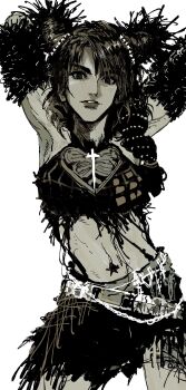 1girl absurdres arm_warmers armpits arms_behind_head arms_up belt braid cone_hair_bun cowboy_shot crop_top double_bun hair_bun highres jojo_no_kimyou_na_bouken kuujou_jolyne looking_at_viewer midriff monochrome my_nameisyoon navel navel_piercing piercing skirt solo stone_ocean white_background