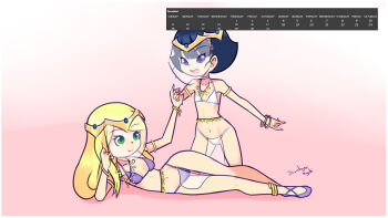 10s 2016 2girls anklet armlet bikini black_hair blonde_hair blush bracelet breasts calendar collarbone dancer december digimon digimon_frontier drantyno flat_chest green_eyes harem_outfit highres jewelry loli long_hair looking_at_another megu_(ryuhi) multiple_girls navel open_mouth orimoto_izumi pelvic_curtain pink_background purple_bikini purple_eyes purple_footwear shoes short_hair small_breasts smile swimsuit tiara veil white_bikini