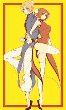 Rule 34 | 1boy, 1girl, black shoes, blonde hair, blue eyes, bun cover, china dress, chinese clothes, commentary request, dress, full body, highres, koala (one piece), komomo1214, looking at viewer, one piece, orange hair, sabo (one piece), scar, scar on face, shoes, short hair, sidelocks, smile, standing, standing on one leg, yellow background