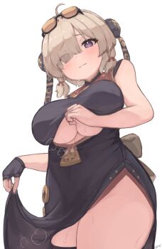 Rule 34 | 1girl, back bow, black dress, black gloves, blonde hair, blush, bow, breasts, brown hair, bun cover, chinese clothes, cleavage, clothes lift, clothing cutout, double bun, dress, dress lift, embarrassed, eyes visible through hair, fingerless gloves, from below, gloves, hair bun, hair ornament, hair over one eye, hair tie, highres, large breasts, light brown hair, low twintails, orange-tinted eyewear, purple eyes, short hair, single glove, sleeveless, sleeveless dress, solo, sunglasses, sunglasses on head, sweat, sweety (zenless zone zero), teruriu, thick thighs, thigh strap, thighs, tinted eyewear, twintails, underboob, underboob cutout, wavy mouth, zenless zone zero