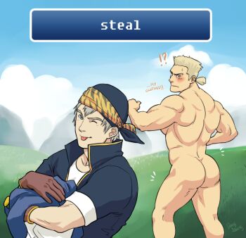 Rule 34 | 2boys, artist name, ass, bandana, bara, biceps, black bandana, black shirt, blonde hair, blush, brown gloves, closed mouth, commentary, completely nude, croup, dialogue box, dong saeng (gaysomecomics), english commentary, english text, final fantasy, final fantasy vi, gloves, grey hair, locke cole, looking at viewer, looking back, looking down, male focus, multiple boys, muscular, muscular male, notice lines, nude, one eye closed, ponytail, sabin rene figaro, shirt, signature, smile, sweatdrop, theft, third-party source, tongue, tongue out, white shirt