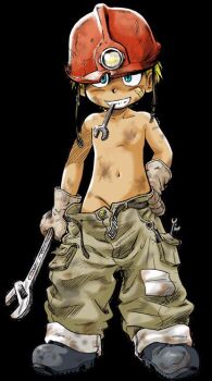 1boy black_background blonde_hair blue_eyes dirt grin looking_at_viewer male_focus mitsui_jun pants_undone shota simple_background smile solo topless_male