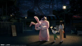 1boy 2girls abisi_(xinyue_tongxing) absurdres amusement_park arm_up bag black_hair box copyright_name copyright_notice ferris_wheel full_body furry furry_male gift gift_box green_pants highres holding holding_another's_wrist holding_gift holding_mascot_head lamppost logo looking_at_another mascot_costume multiple_girls night official_art official_wallpaper outdoors overalls pants red_bag shirt shoulder_bag sidelighting sign standing standing_on_one_leg white_shirt wolf_boy xinyue_tongxing yellow_overalls