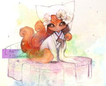 :3 animal_focus artist_name brown_eyes clothed_pokemon dated detached_hood flower fox full_body gen_1_pokemon hand_on_own_chest hood hood_up japanese_clothes kimono multiple_tails nintendo no_humans open_mouth orange_hair pokemon pokemon_(creature) short_hair signature sitting solo tail thwillartz twitter_username vulpix white_background white_flower white_kimono