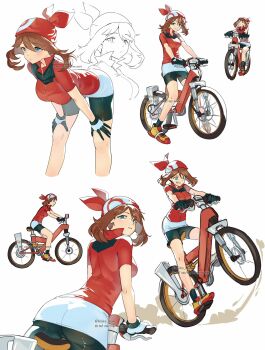 1girl ariekochan artist_name ass bandana bicycle bike_shorts bike_shorts_under_shorts black_gloves black_shorts black_socks blue_eyes bow_hairband brown_hair commentary dust english_commentary gloves hairband hands_on_own_thighs highres hunched_over lineart may_(pokemon) medium_hair multiple_views nintendo pokemon pokemon_rse red_bandana red_footwear red_hairband red_shirt reference_sheet riding riding_bicycle shirt shoes short_sleeves shorts sketch sneakers socks two-tone_footwear two-tone_gloves watermark wheelie white_gloves white_shorts yellow_shoes