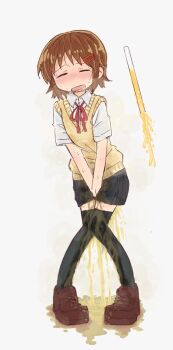 1girl between_legs black_thighhighs blue_skirt blush breath brown_hair brown_shoes closed_eyes collared_shirt embarrassed female_focus flat_chest full_body grey_background hair_ornament hairclip hand_between_legs have_to_pee knees_together_feet_apart large_variant_set leaning_forward miniskirt neck_ribbon nose_blush open_mouth original own_hands_together pee peeing peeing_self pigeon-toed pleated_skirt ponnu_(tnpn2yw) puddle red_ribbon ribbon school_uniform shirt shoes short_hair short_sleeves sidelocks simple_background skirt solo standing steam sweat sweater_vest tears thighhighs urine_meter v_arms variant_set vest wavy_mouth wet wet_clothes wet_skirt wet_thighhighs white_shirt yellow_vest zettai_ryouiki