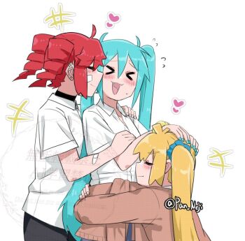 Rule 34 | > <, 3girls, akita neru, black choker, blonde hair, blue hair, blue nails, blush, brown sweater, choker, closed eyes, clothes around waist, commentary request, drill hair, fang, flying sweatdrops, hand on another's head, hand on another's shoulder, hatsune miku, heart, hug, kasane teto, multiple girls, nejikyuu, open mouth, red hair, school uniform, shirt, side ponytail, smile, sweater, sweater around waist, triple baka (vocaloid), twin drills, twintails, twitter username, utau, vocaloid, watermark, white shirt, yuri